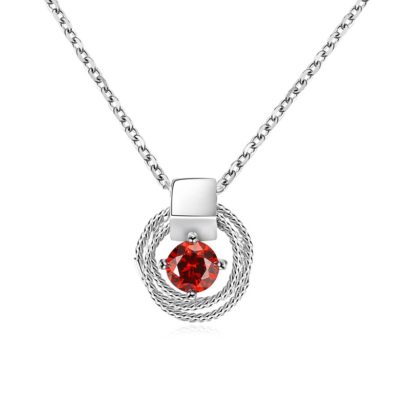 Braid necklace plated with platinum and has a red zircon in the middle