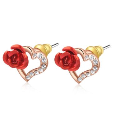 Heart and Rose earring, three times gold plated inlaid with genuine austrian white crystals and decorated by red rose