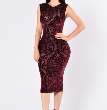Dark red elegance printing semi perspective dress